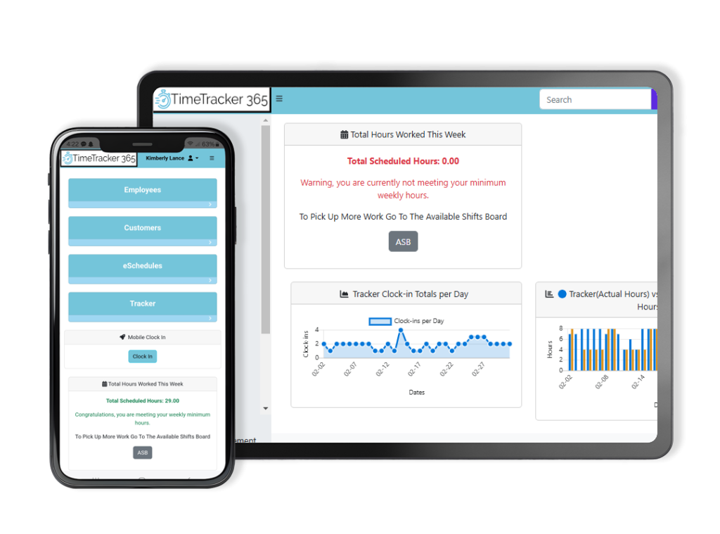 Example image of telephone time keeping software shown on an iphone and tablet. Employees use mobile devices to clock in at remote locations to provide accurate payroll reports.